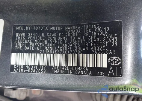 2010 Toyota Corolla S from USA, damaged, VIN 2T1BU4EE7AC478786